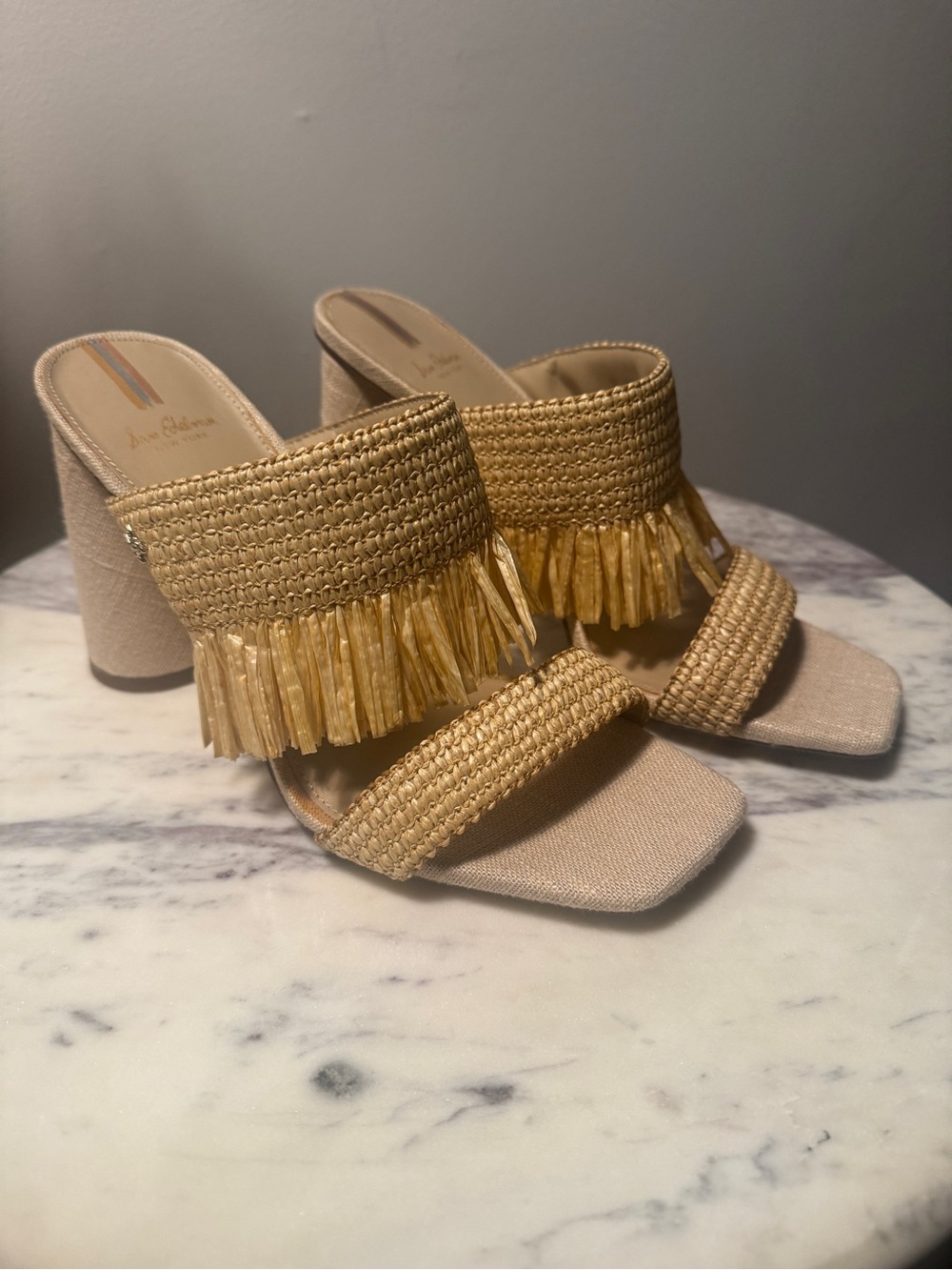 Sam Edelman Tan Raffia Fringe Block Heel Mules